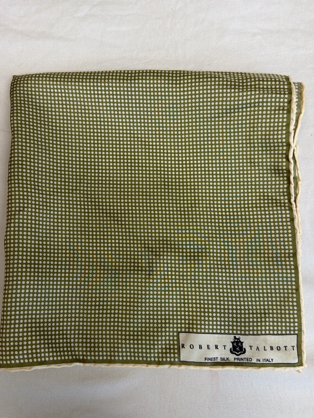 Robert Talbott Olive Green Silk Pocket Square with Ivory Dots